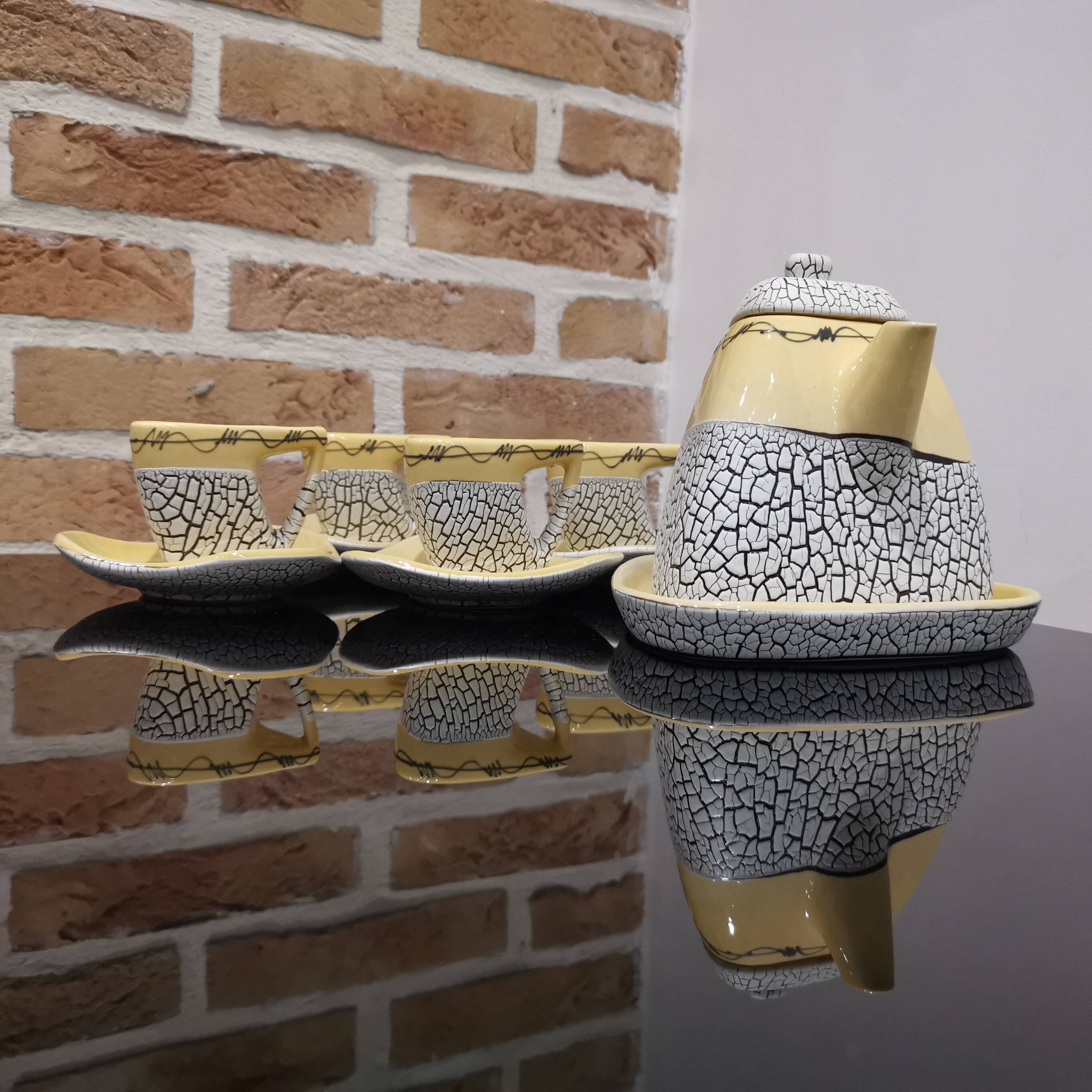 Cracked yellow Bat Trang tea set made in Vietnam