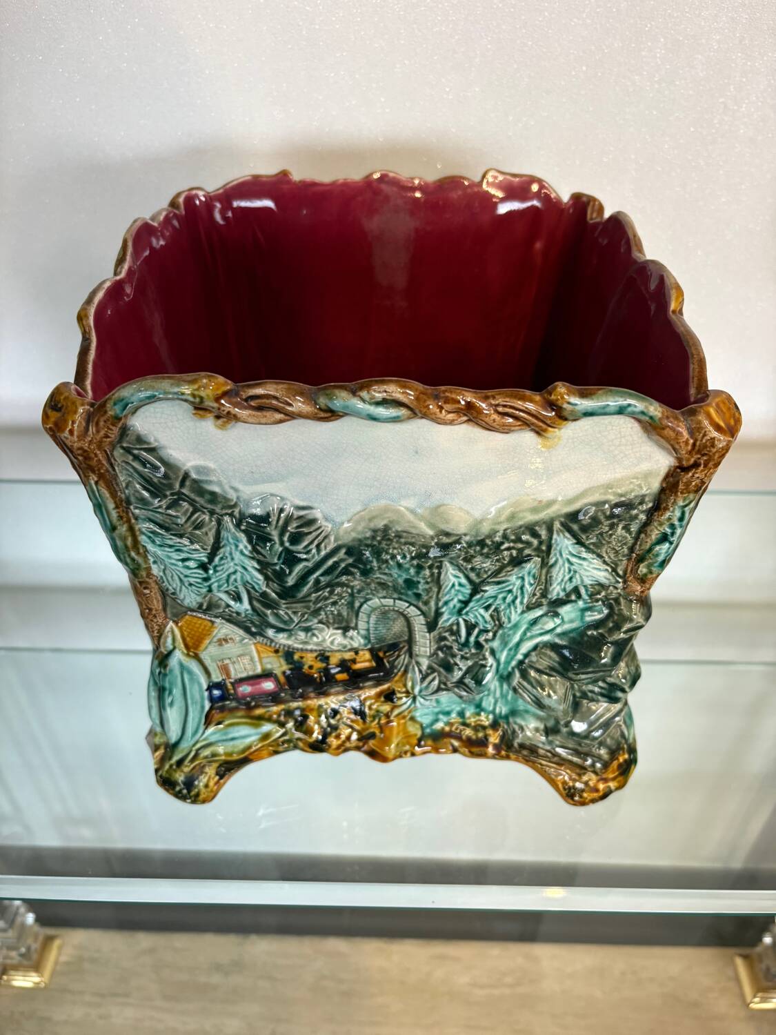 Antique cache-pot in earthenware barbotine – landscape & train decoration – early