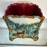 Antique cache-pot in earthenware barbotine – landscape & train decoration – early