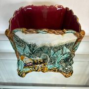 Antique cache-pot in earthenware barbotine – landscape & train decoration – early