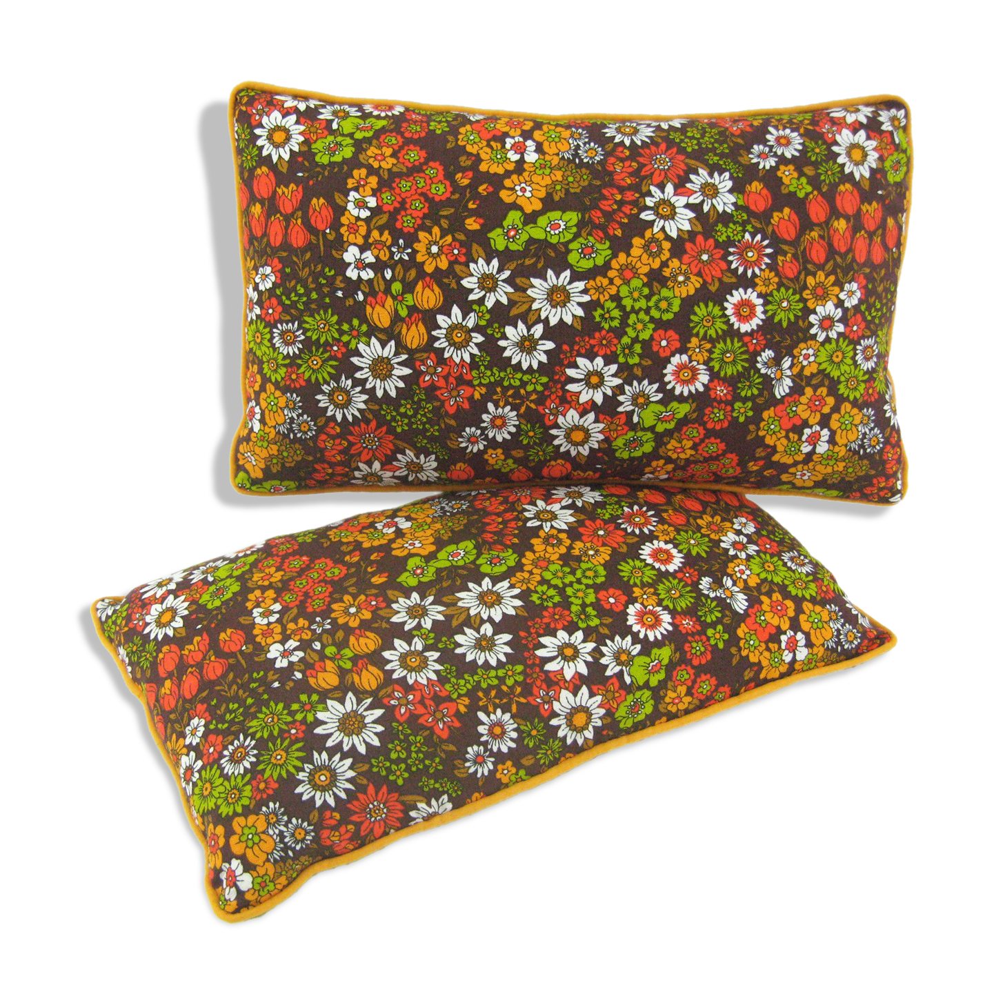 2 rectangular cushions piped in cotton canvas - décor small flowers - vintage 70s