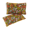 2 coussins rectangulaires passepoilés en toile de coton - décor petites fleurs - vintage années 70