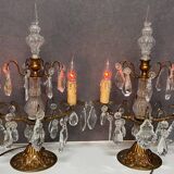 Pair of antique chandeliers, in brass with cut glass pendants, early 20th century