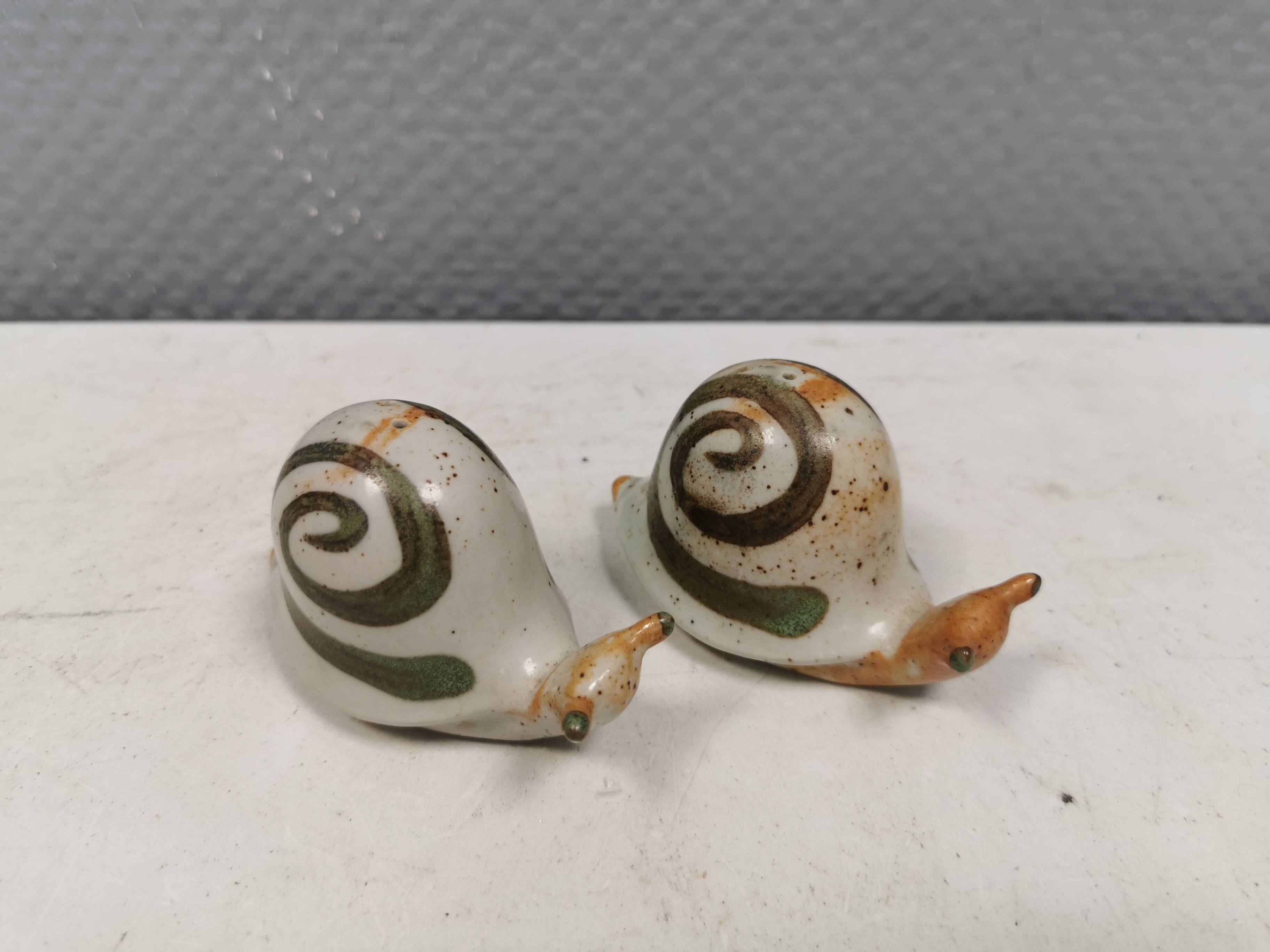 Ceramic snails as salt and pepper shakers, Denmark, 1970s-1980s