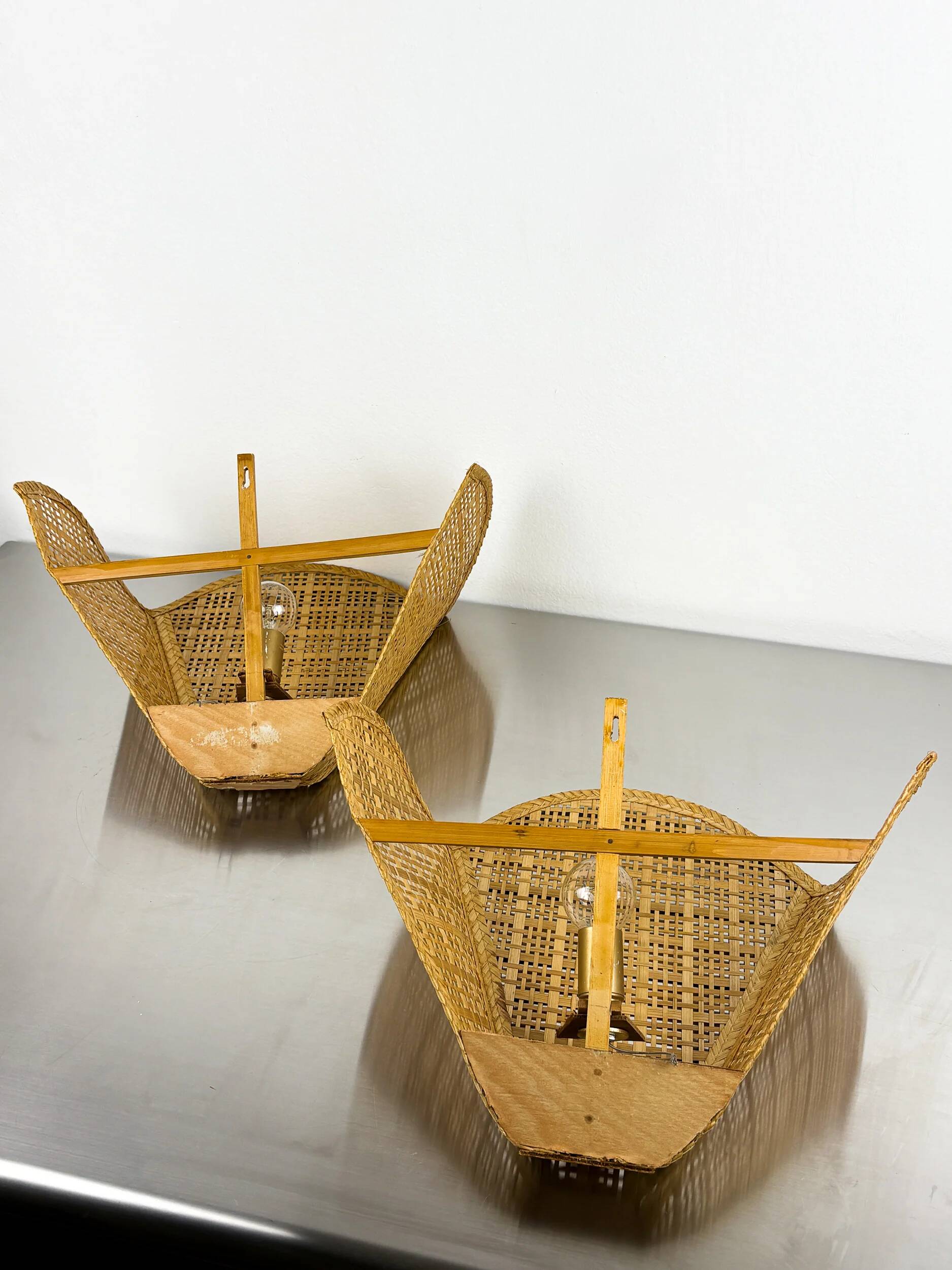 Pair of scalloped rattan wall sconces, sourced in Spain, 1980s