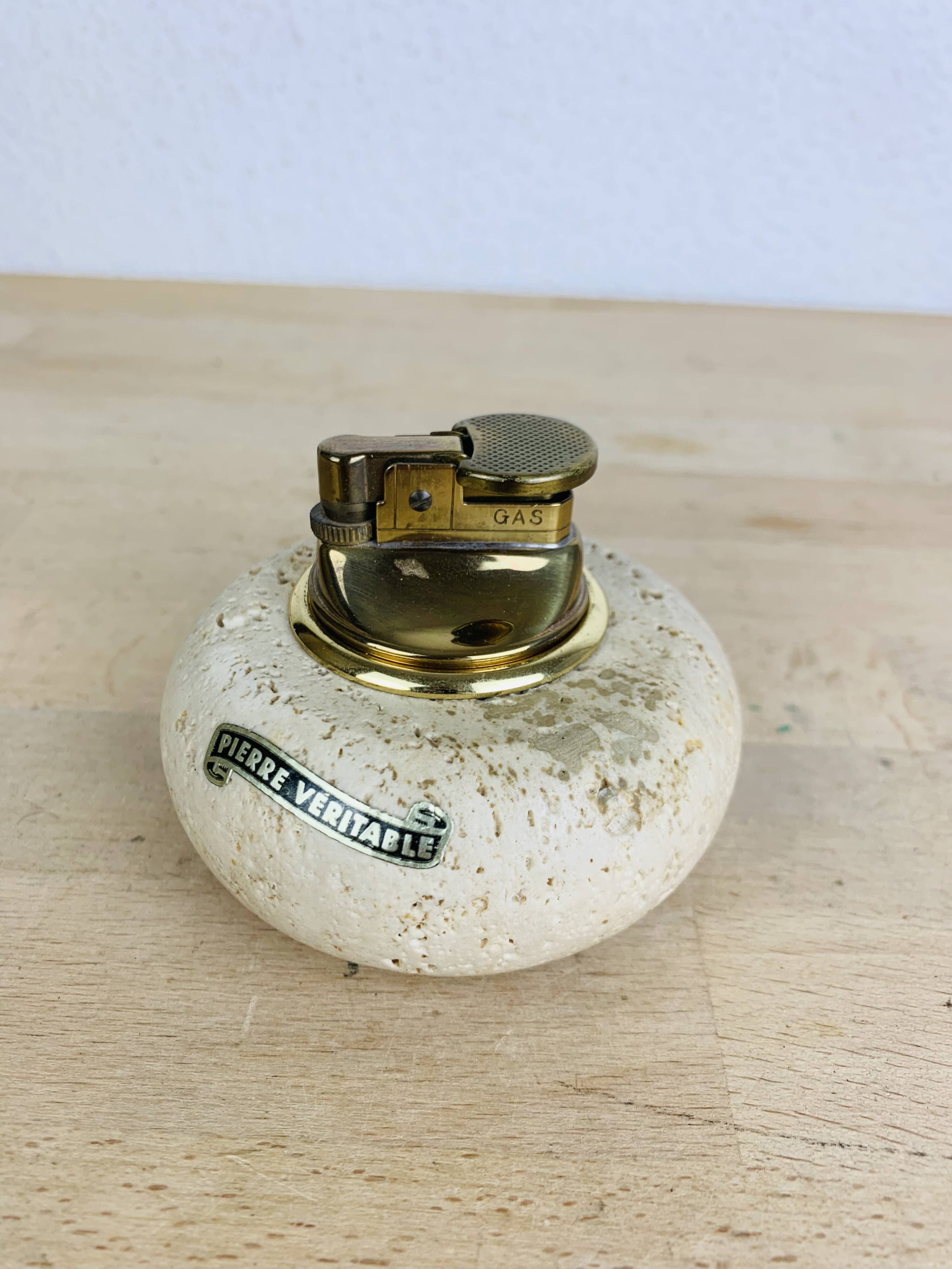 Round travertine lighter, 1980s, Italy