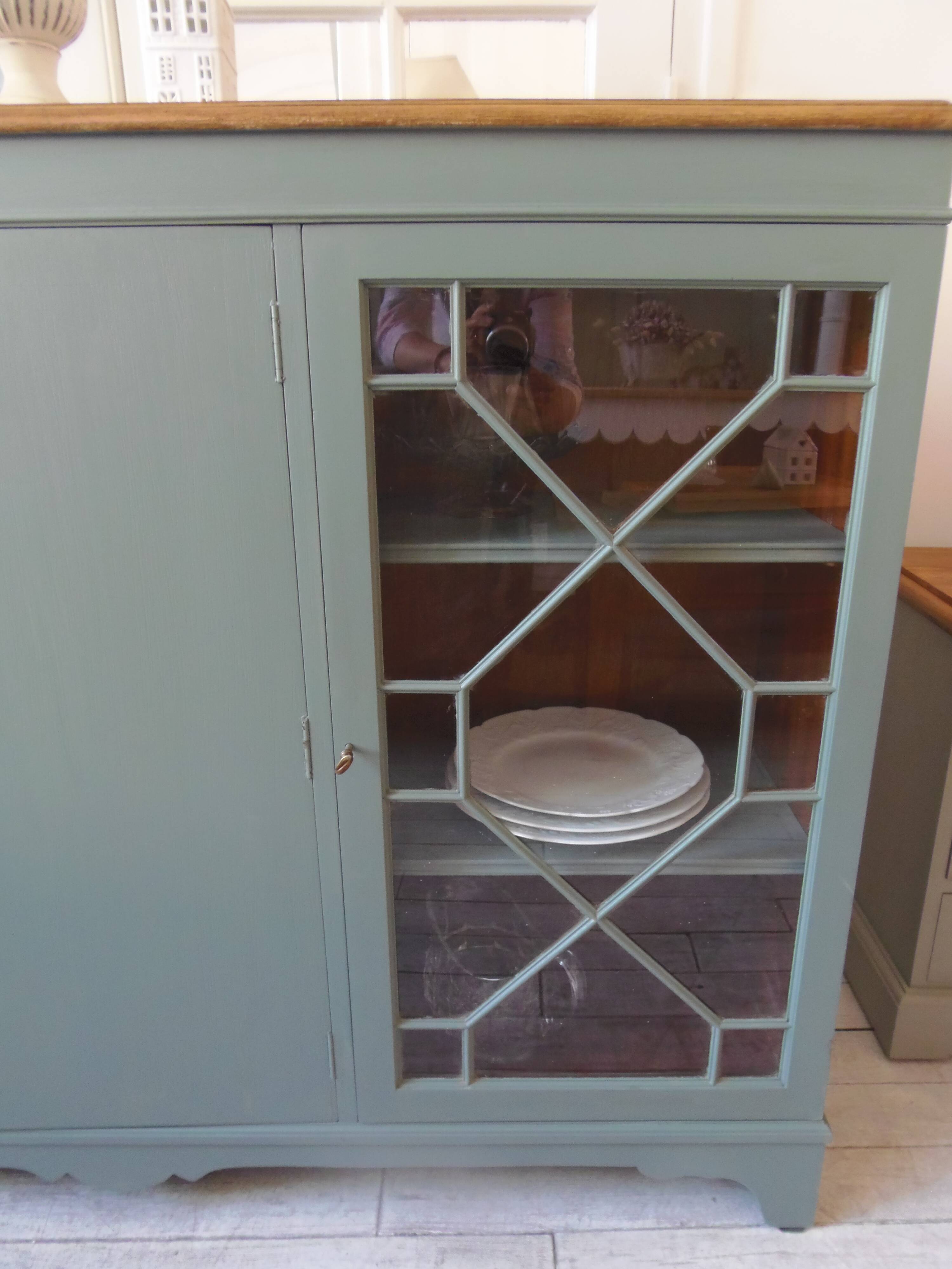 English sideboard, shallow, smoky green, wooden top.