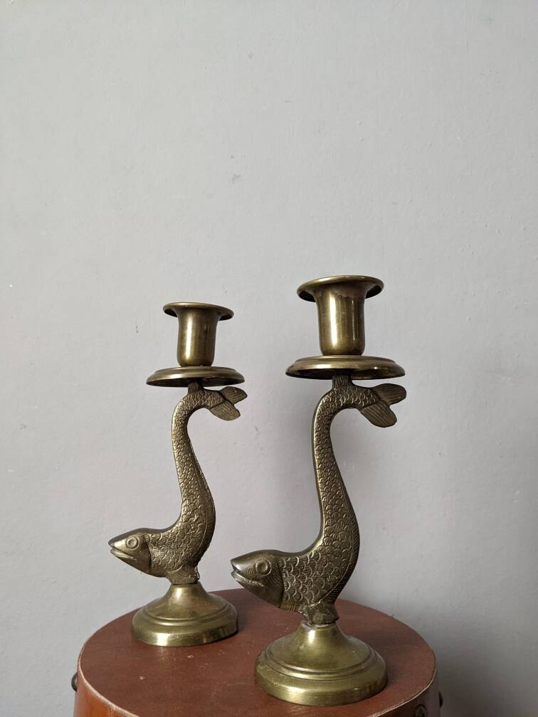 Pair of brass fish candlesticks, country decor