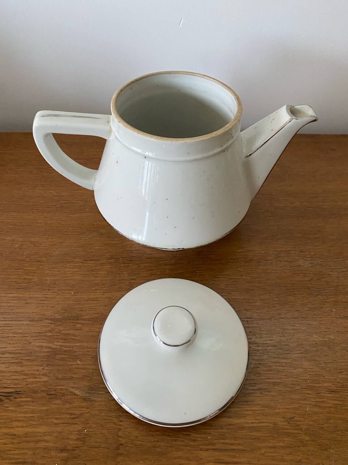 Antique Aluminite Teapot FRUGIER White & Silver Ceramic Vintage