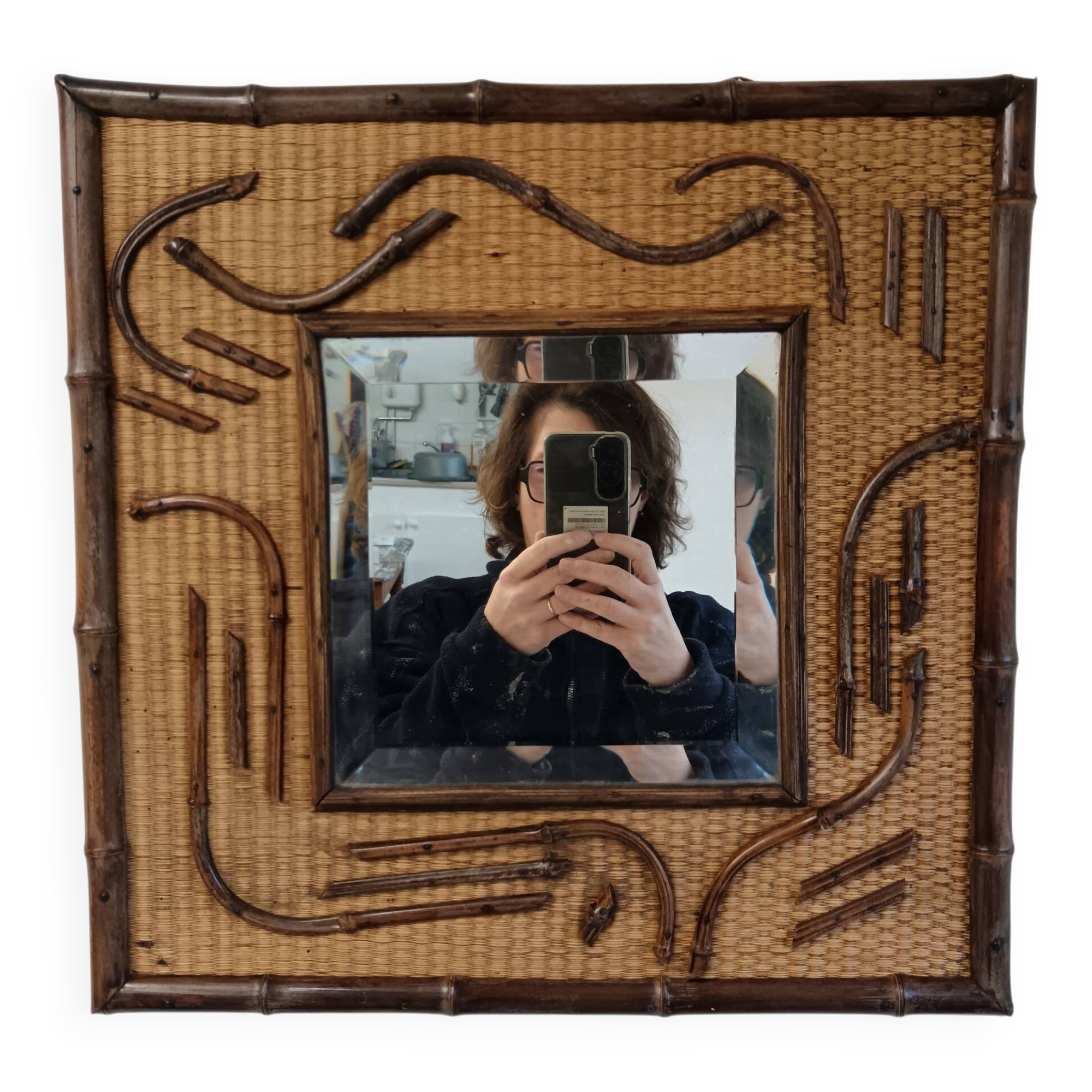 2-tone beveled square wood and rattan mirror