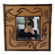Miroir bois et rotin carré biseauté 2 tons