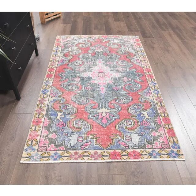 Vintage Turkish Hand-Knotted Geometric Runner Rug 123x209