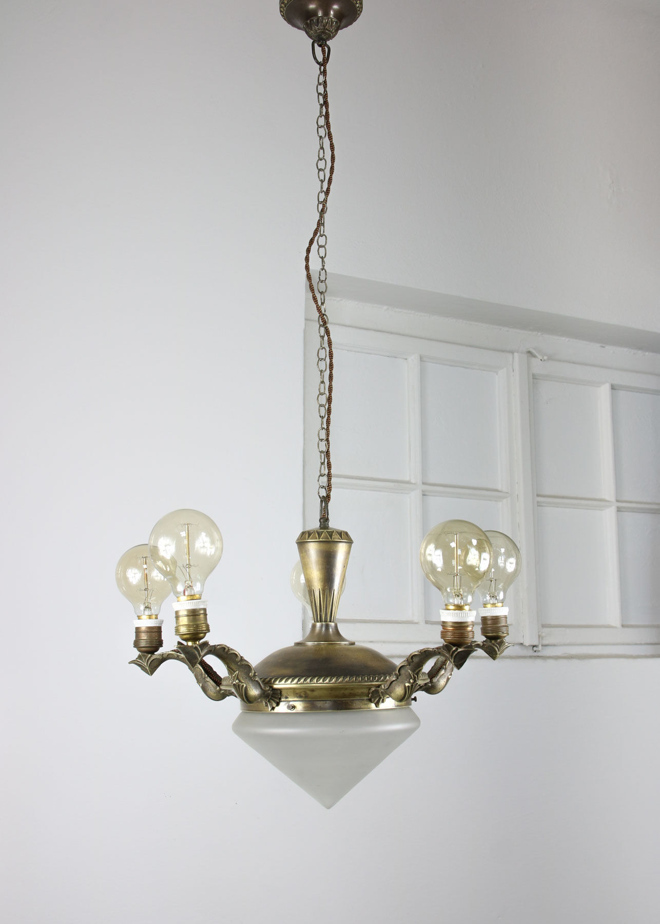Vintage brass and glass chandelier, 40s