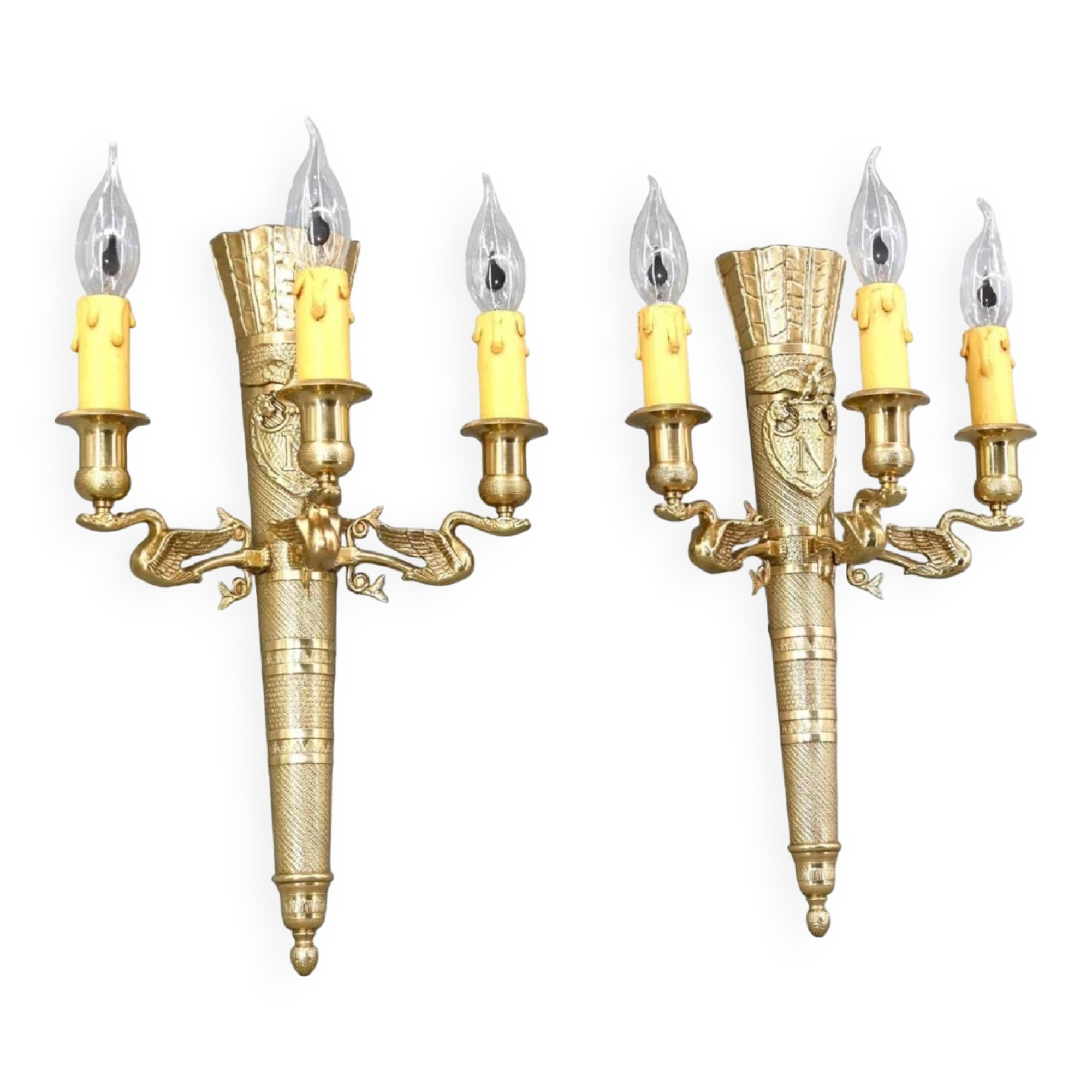 Large pair of Napoleonic gilt bronze empire style wall lights with three candles