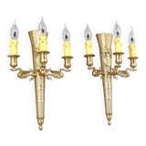 Large pair of Napoleonic gilt bronze empire style wall lights with three candles