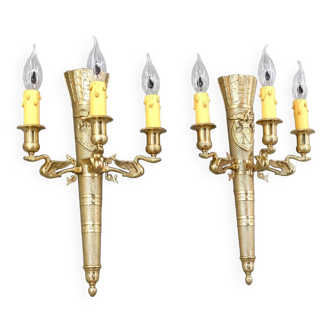 Large pair of Napoleonic gilt bronze empire style wall lights with three candles