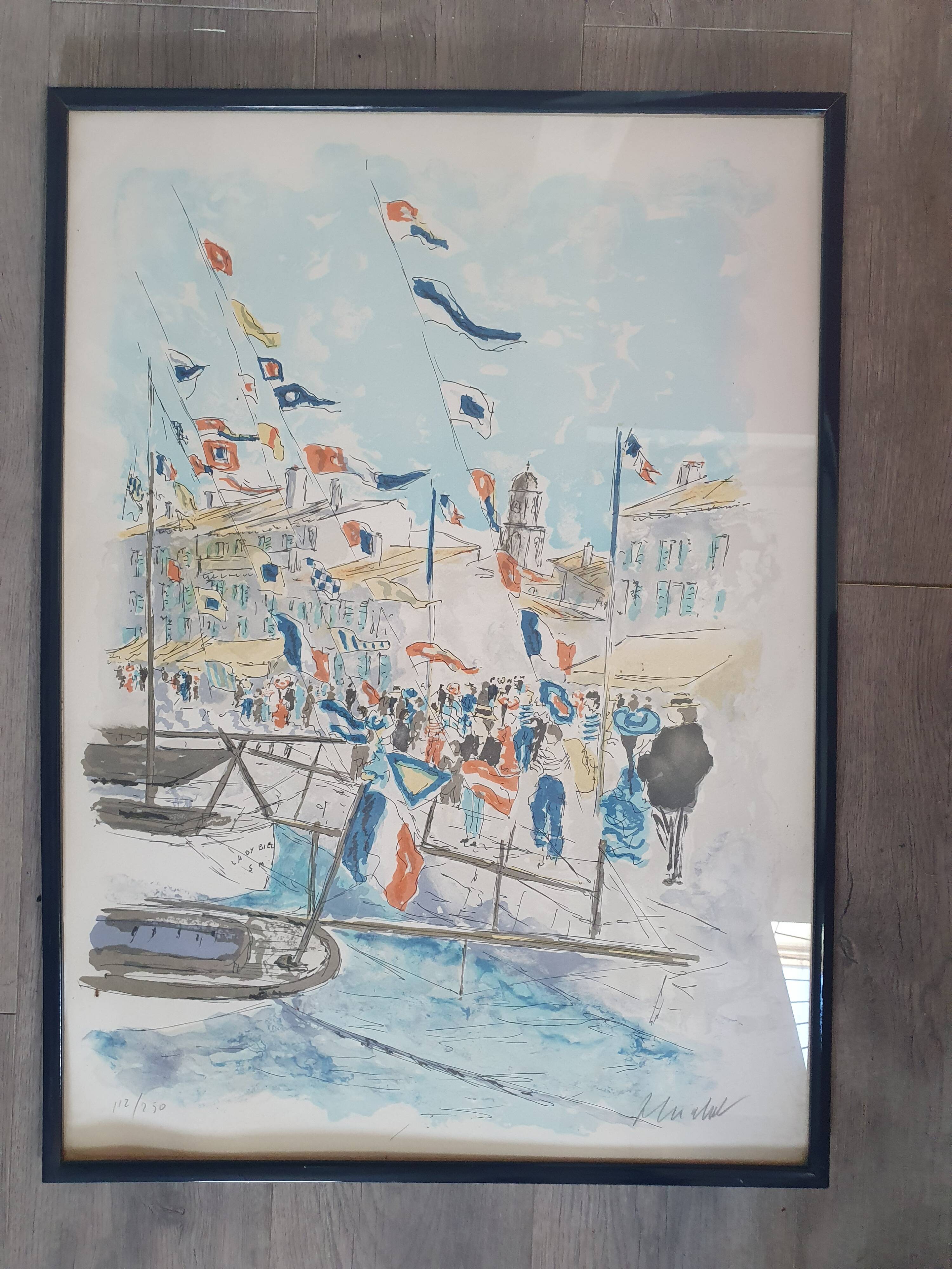 HUCHET lithograph canvas - “Sailboats in Saint-Tropez” Original lithograph in colors