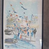 HUCHET lithograph canvas - “Sailboats in Saint-Tropez” Original lithograph in colors