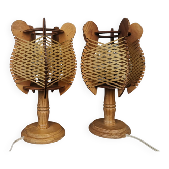 Pair of Portuguese mid century  60s farmhouse wooden wood straw table lamps