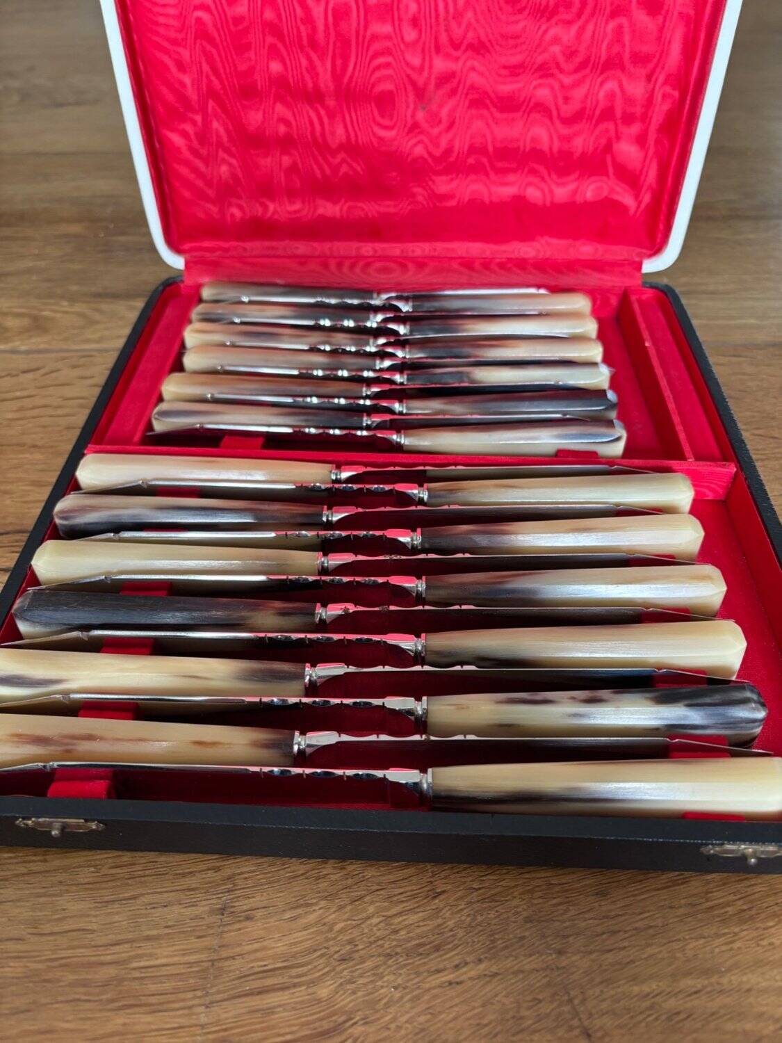 Service of 24 classic knives with natural bone handles - original case from 1950.