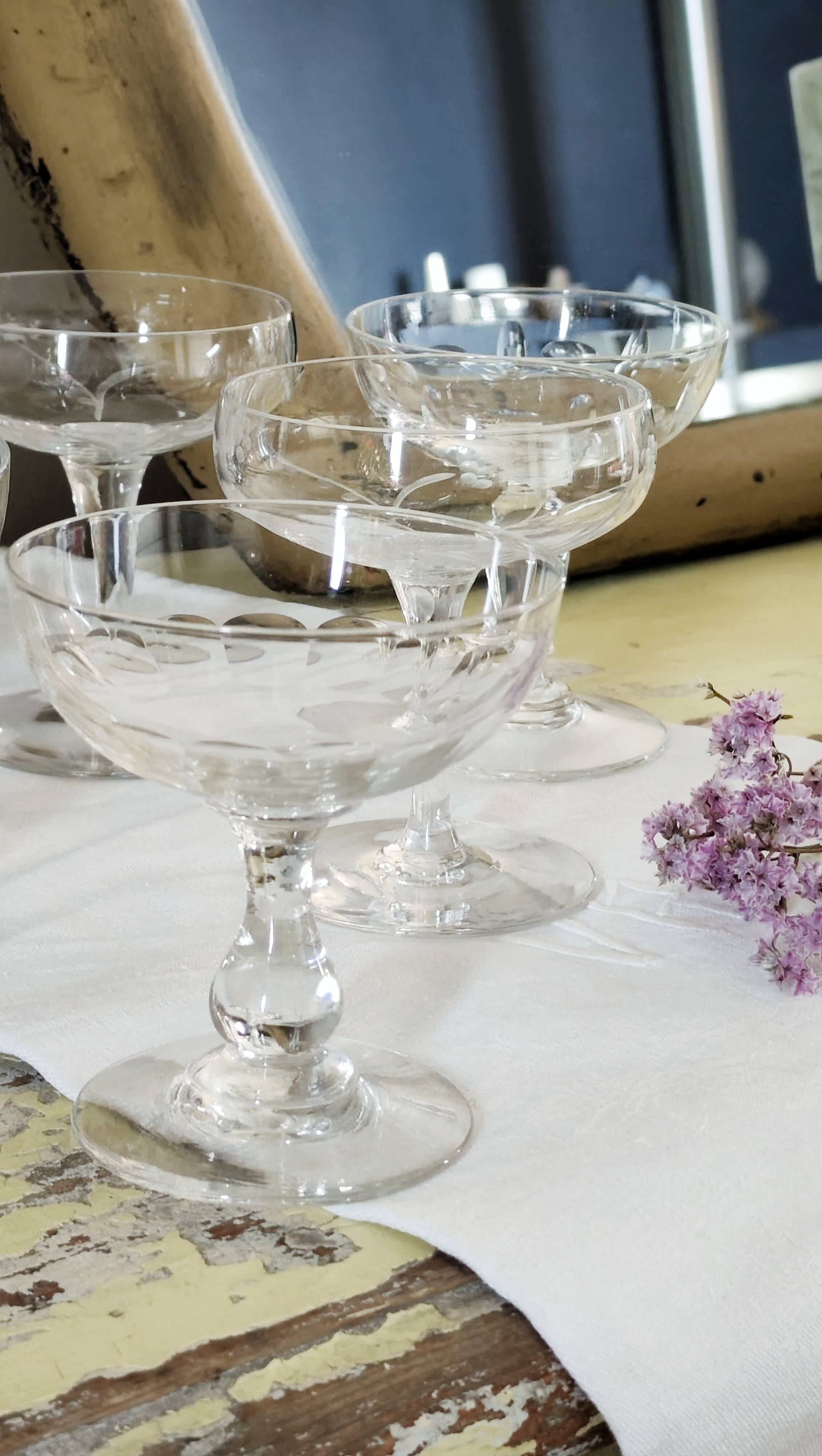 Set of 6 mismatched old crystal champagne glasses