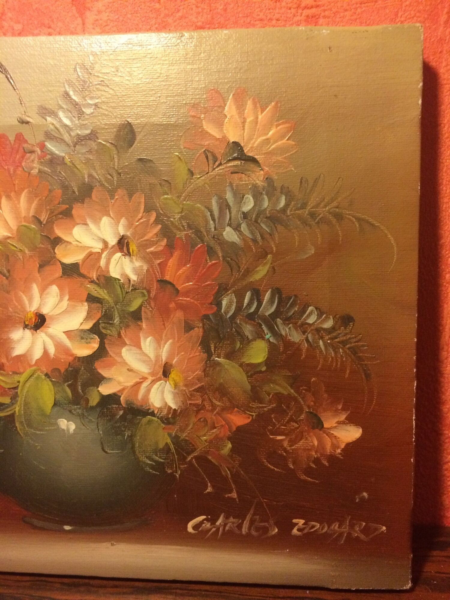 Ancient oil painting Charles Edouard vintage flower bouquet