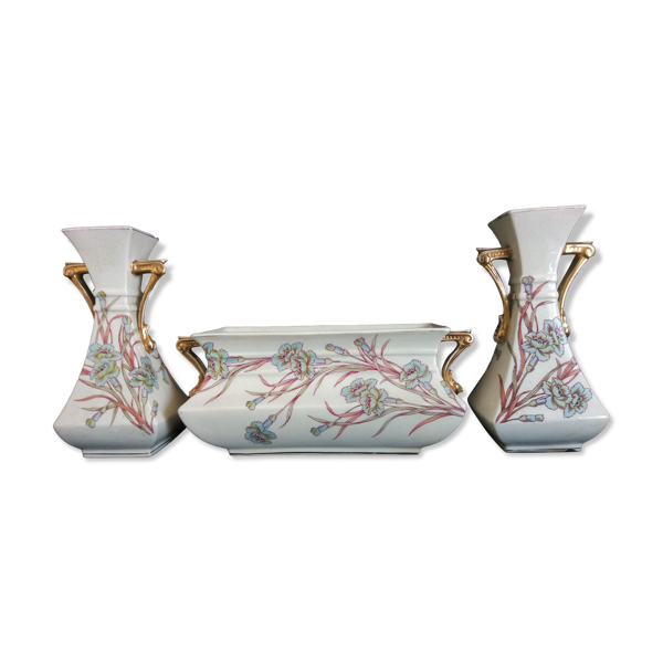 Garniture Art Nouveau en céramique craquelée, motifs  œillets