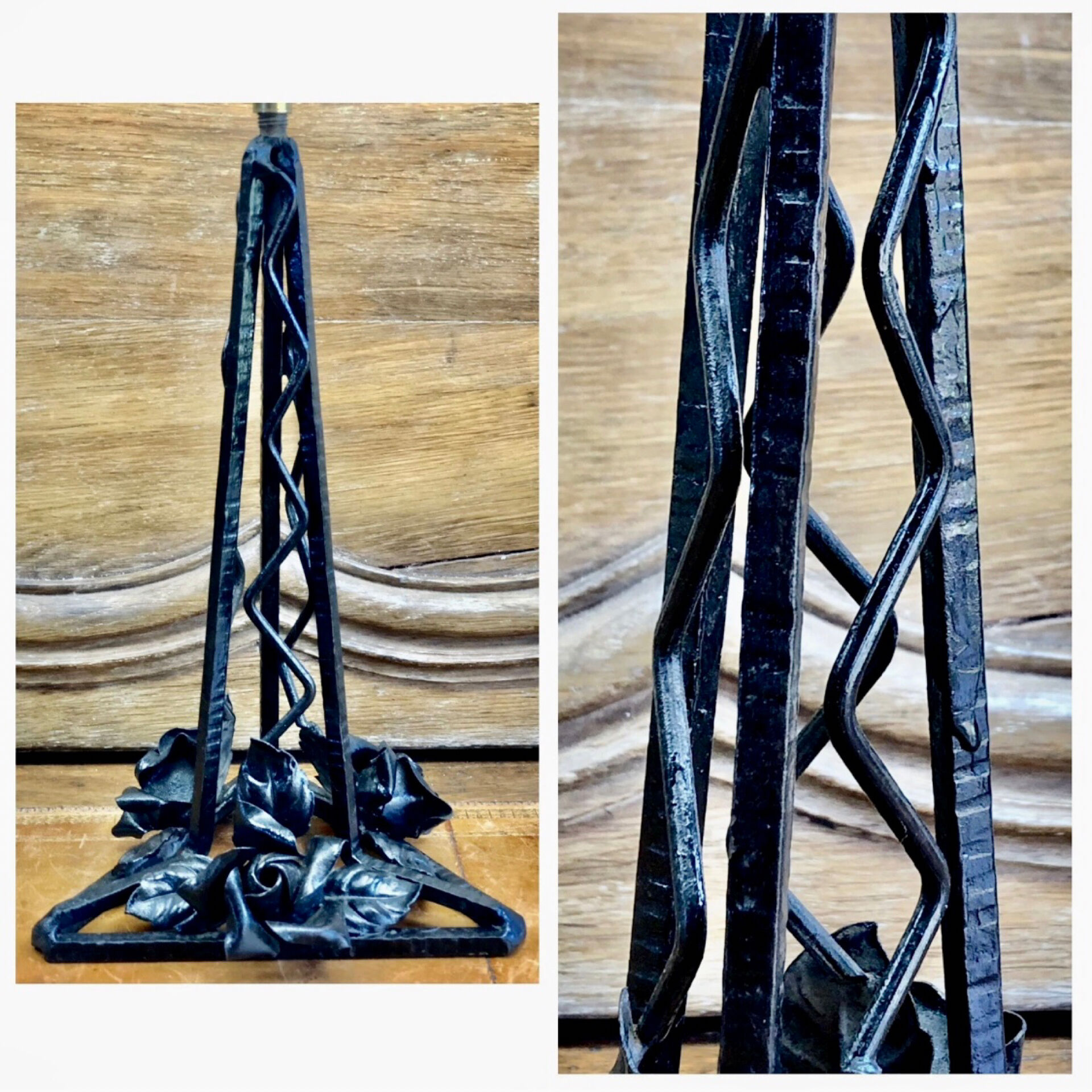 Art Deco wrought iron lamp with 3 rose glass daisies Ezan 1930