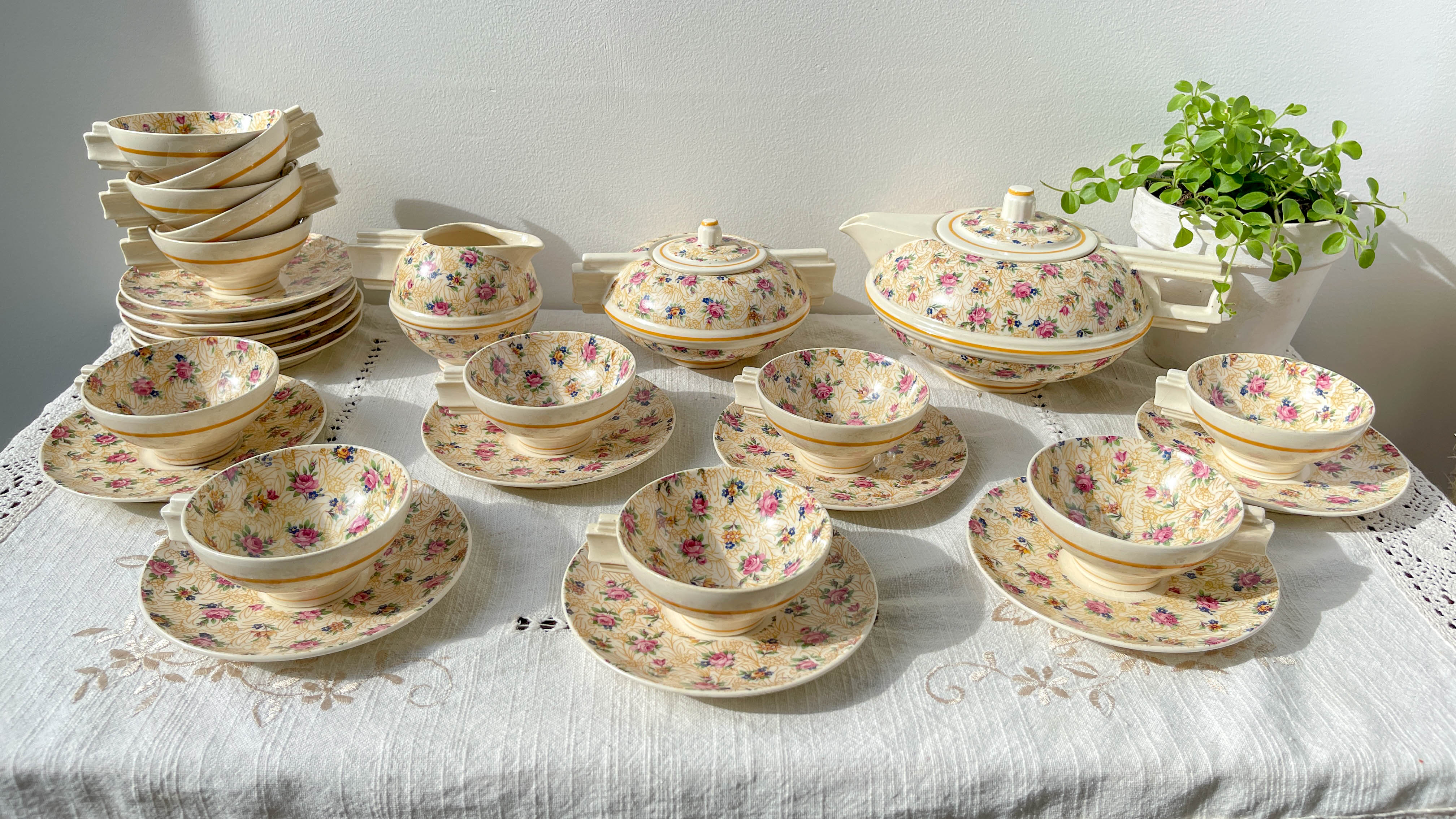 Robj Paris Coffee Tea Set with Floral Yellow Porcelain Core - Vintage Art Deco Style