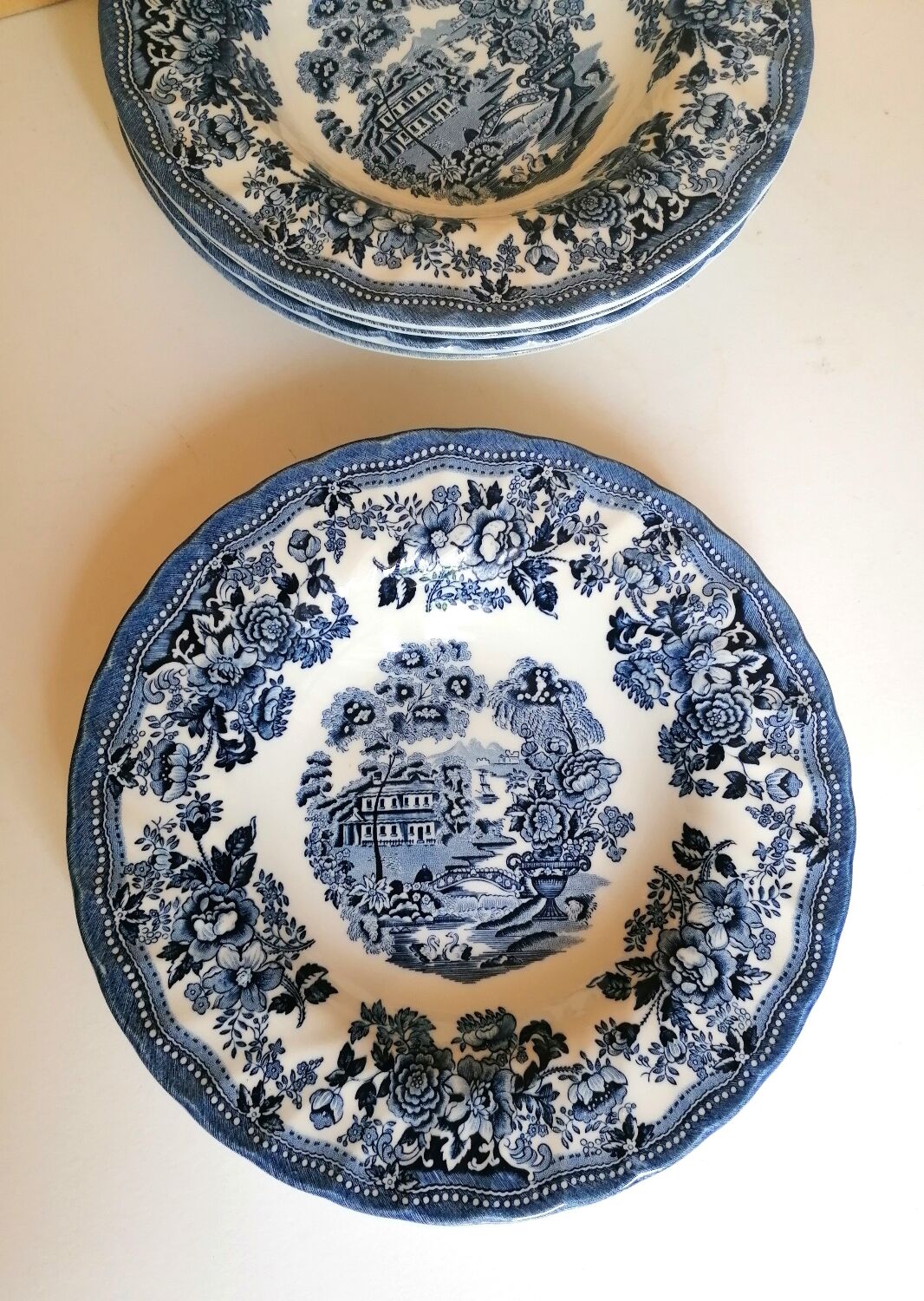 5 hollow plates blue and white churchill staffordshire England