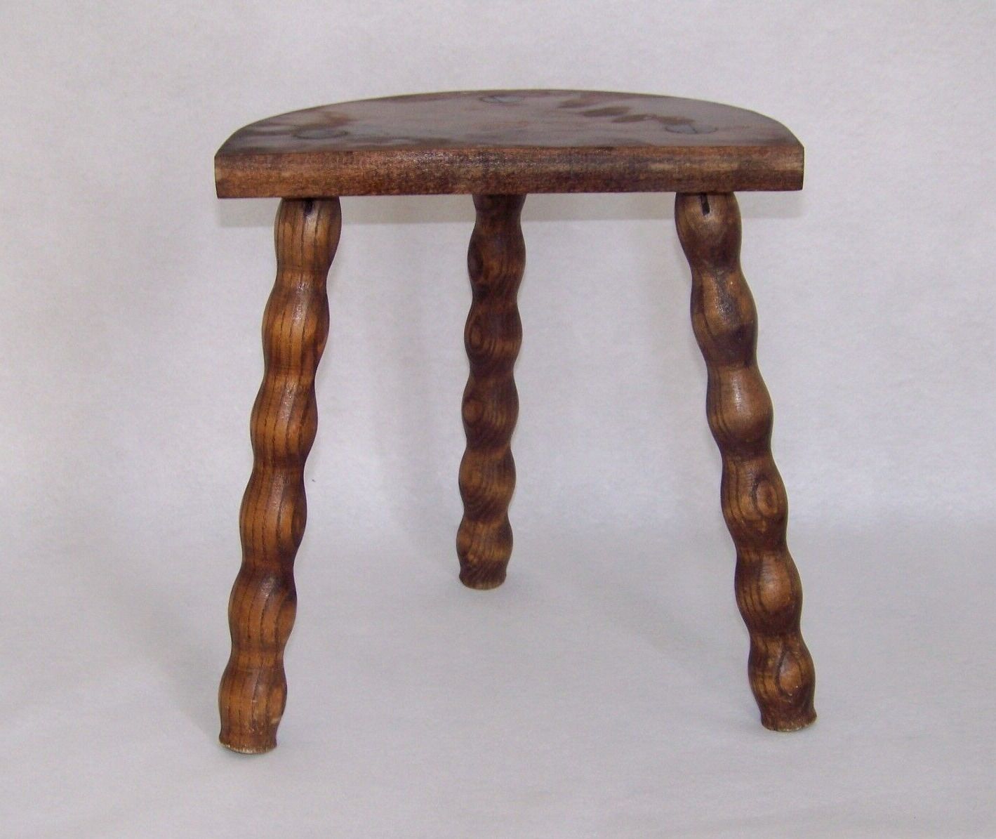 French vintage traditional handmade half moon milking stool with bobbin leg