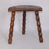 French vintage traditional handmade half moon milking stool with bobbin leg
