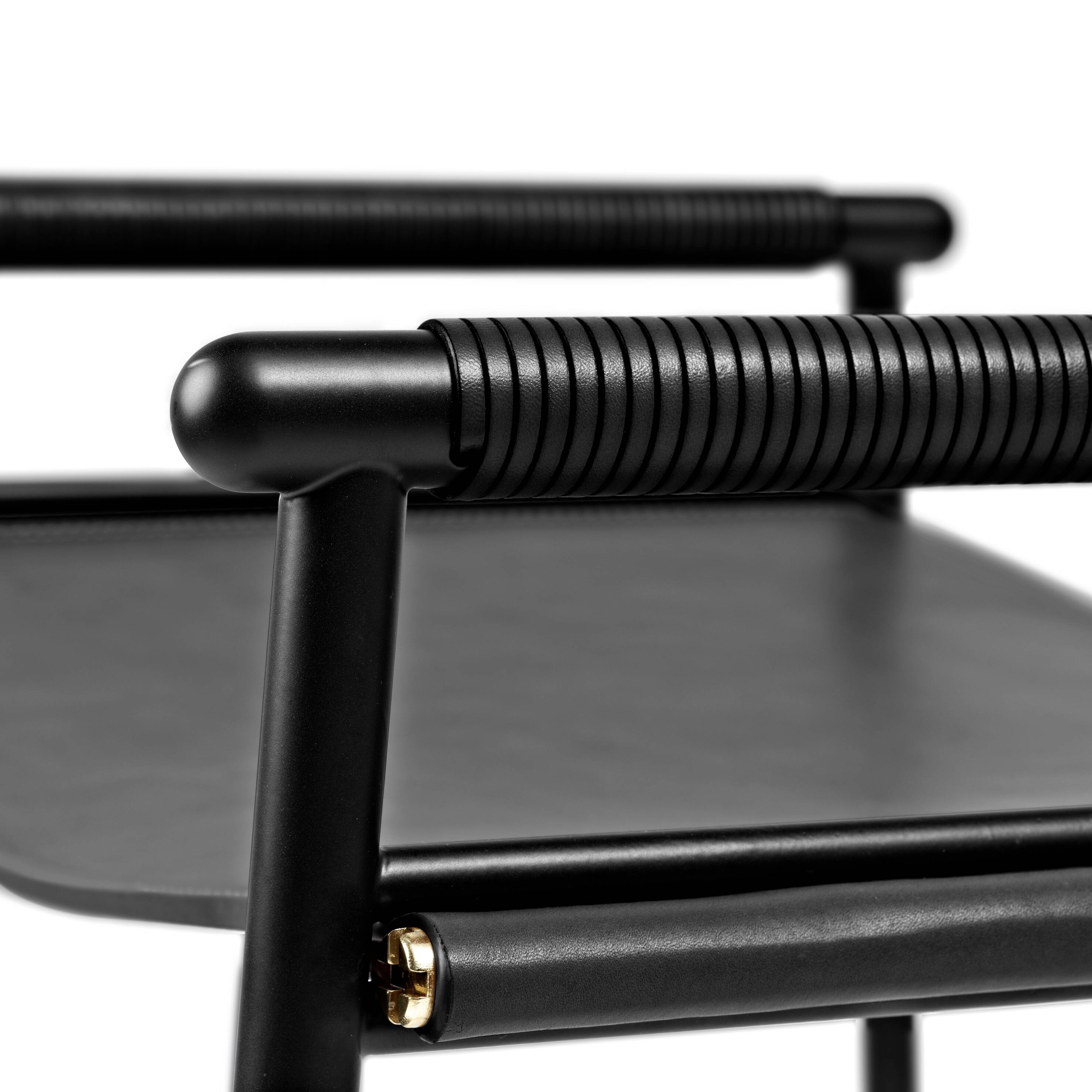 Set of 5 classic bar stools with black leather and rubber backing.