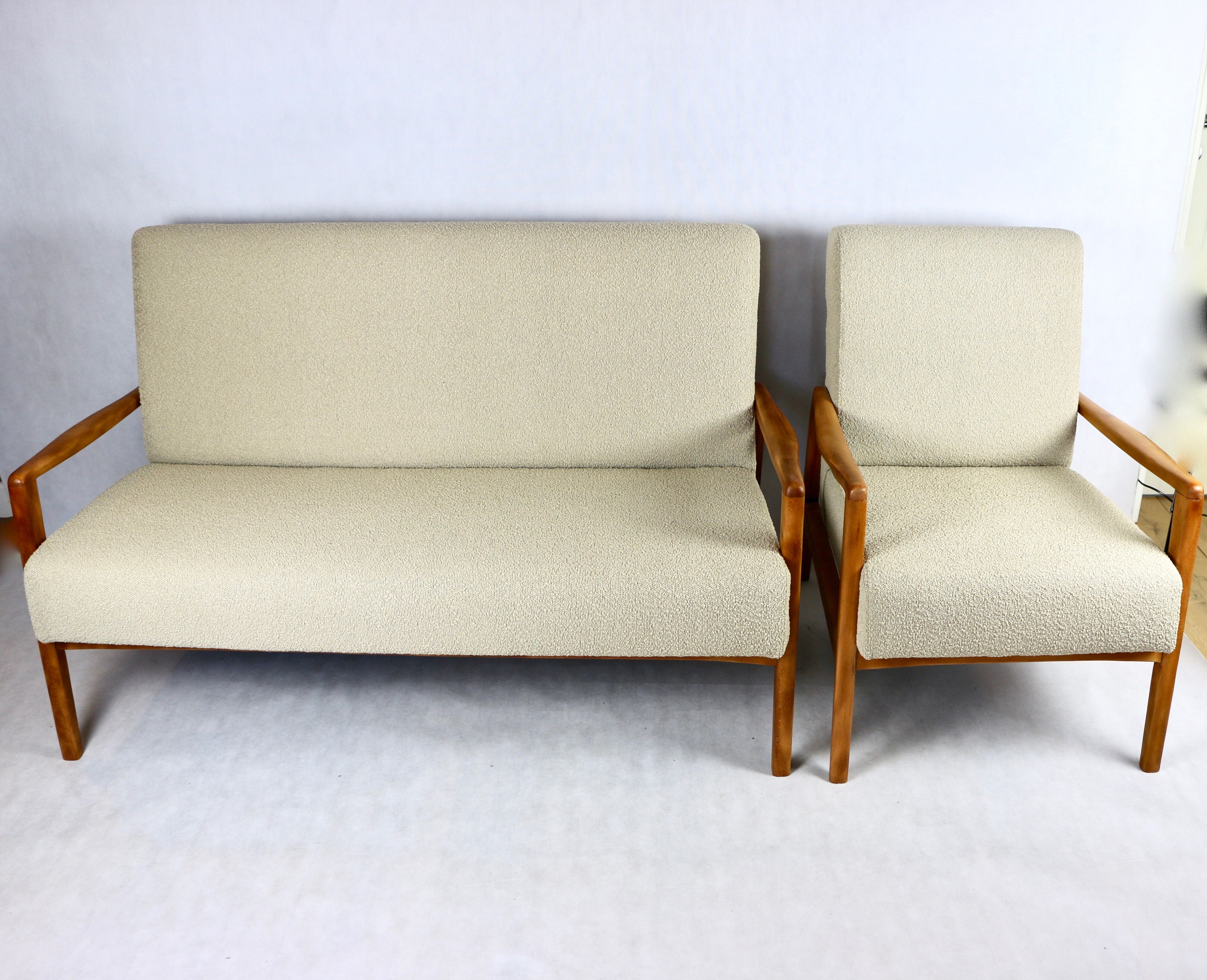 Set of vintage beige boucle sofa and armchair, 1970s