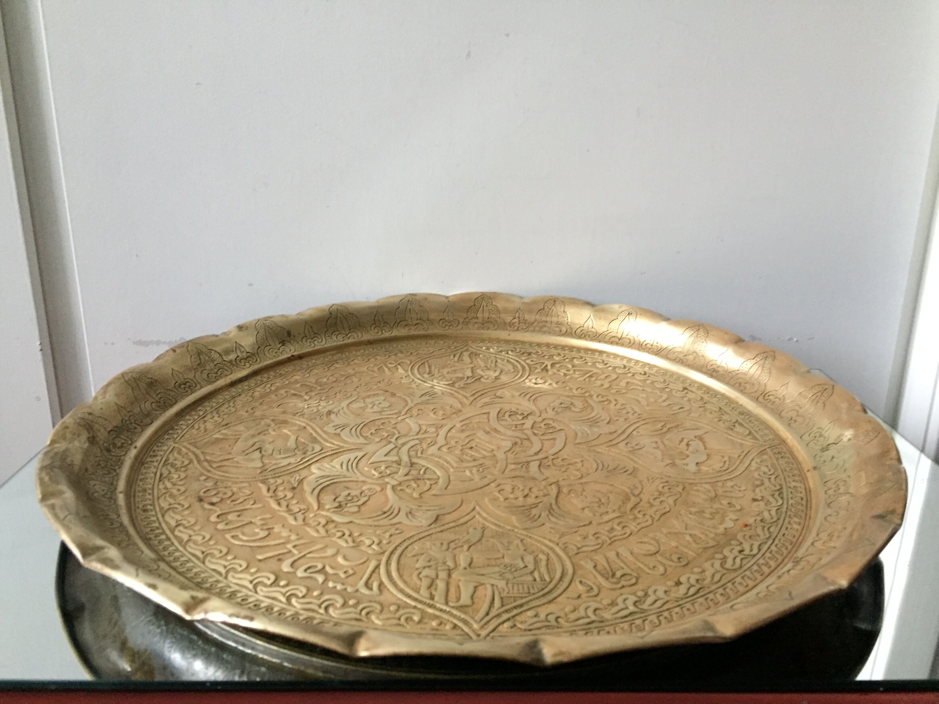 Islamic art brass tray with calligraphy & ornaments