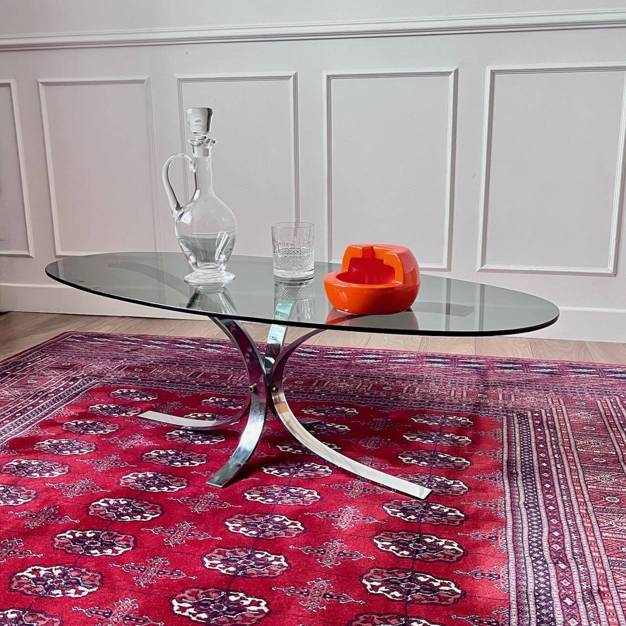 70's coffee table with glass and chrome