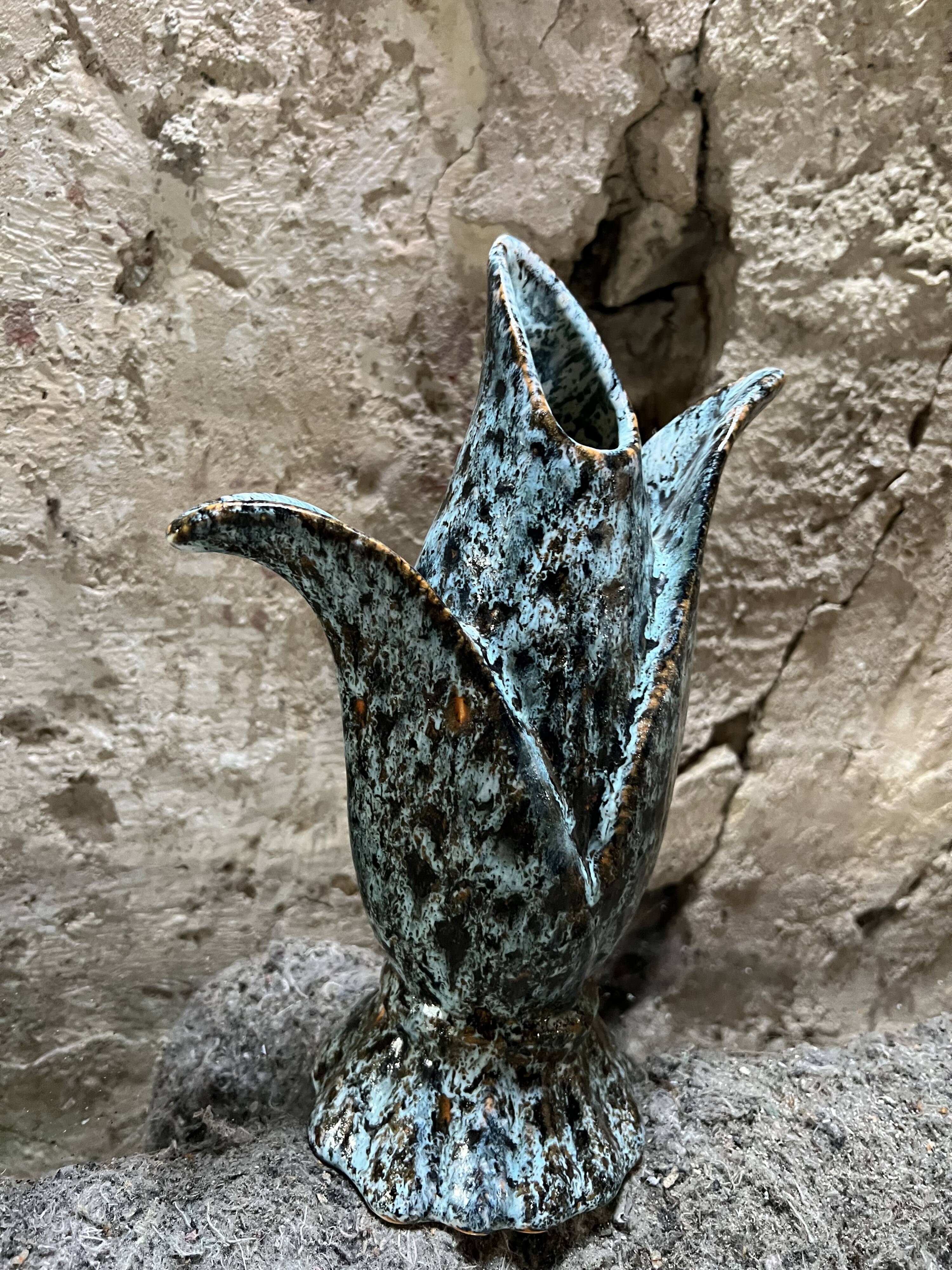 Vintage blue-green glazed ceramic tulip vase, stylized floral shape