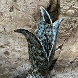 Vintage blue-green glazed ceramic tulip vase, stylized floral shape