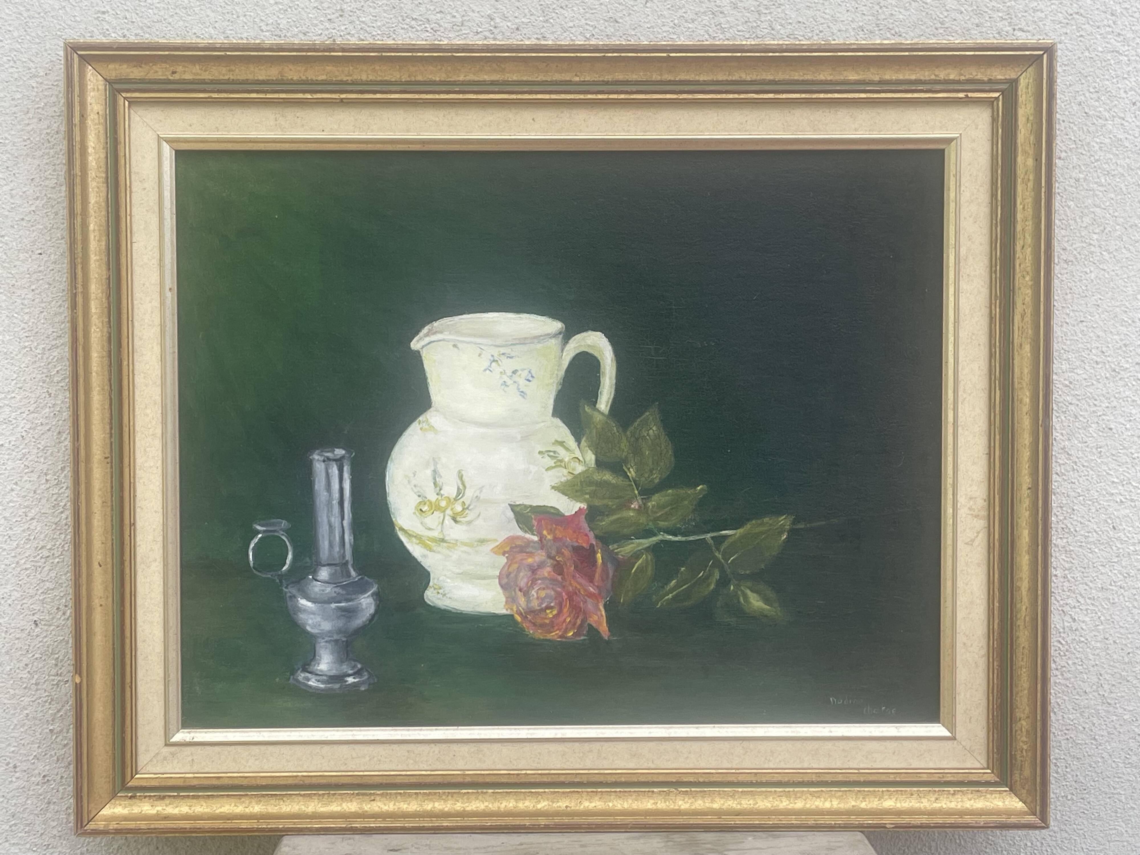 Painting Oil canvas mounted on panel, Still life, signed Nadine Chatre