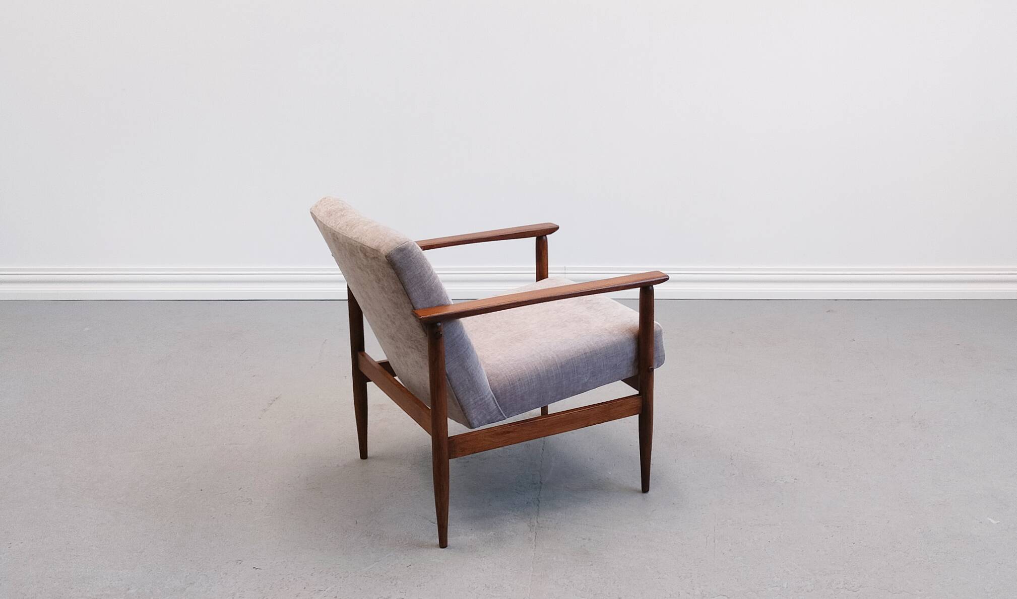 Mid Century Easy Chair in warm gray textile.