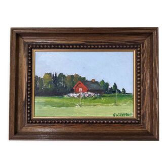 Peinture à l’huile de paysage vintage suédoise moderne « Red Cottage » du milieu du siècle, encadrée