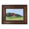 Mid-Century Modern Swedish "Red Cottage" Vintage Landscape Oil Painting, Framed