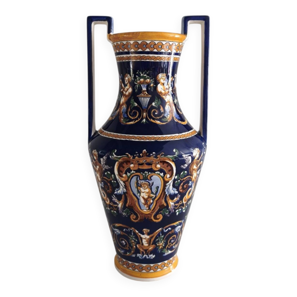 Grand vase fuselé à anses équerre en faïence de Gien - Renaissance Ble