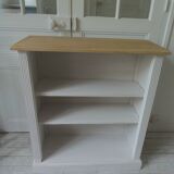 Re-enchanted bookcase in pearl gray, light oak waxed top.