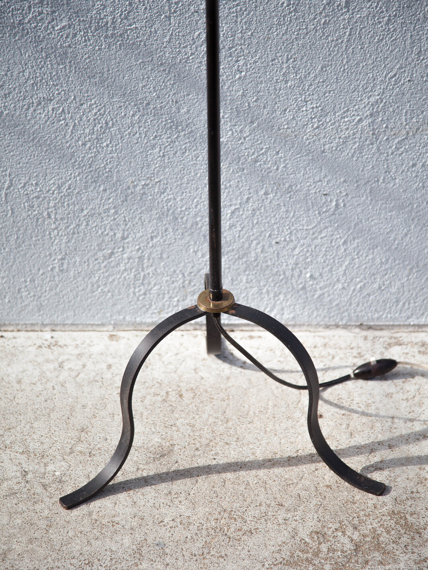 wrought iron and brass floor lamp with tripod leg, vintage floor lamp, 50s