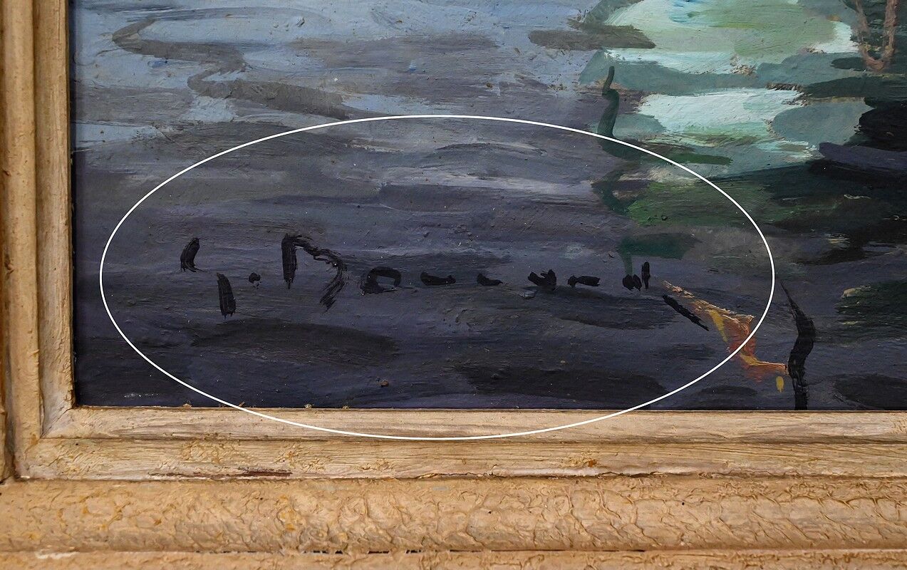 Painting "Thoniers at Dock", oil on panel, signed G. Boulard – Mid 20th century