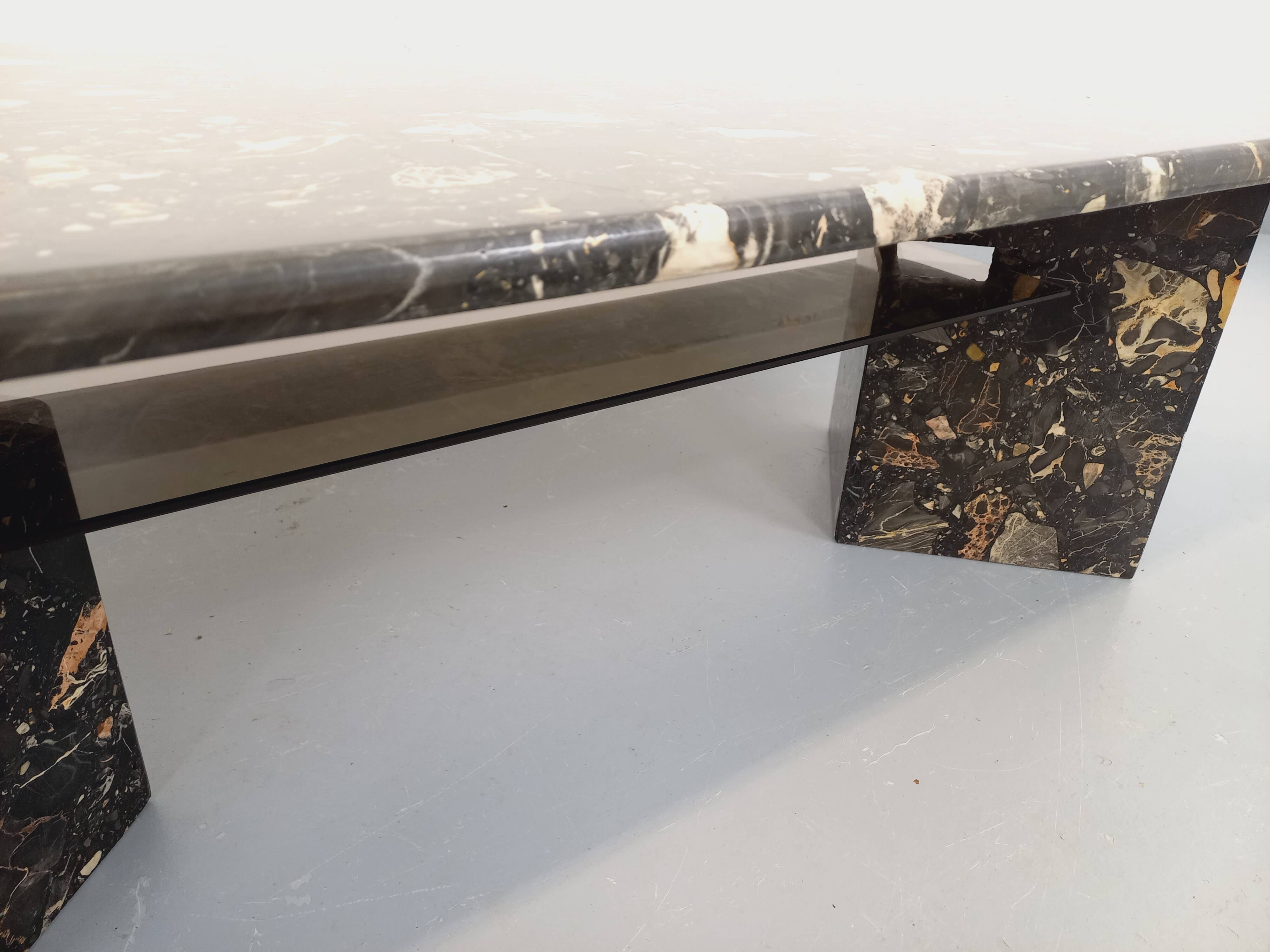 Vintage rectangular coffee table in black marble and smoked glass from the 1970s.