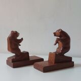 Paire de serre-livres vintage en bois sculpté à la main, décor ours