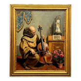 Painting signed “Monk playing the cello”.