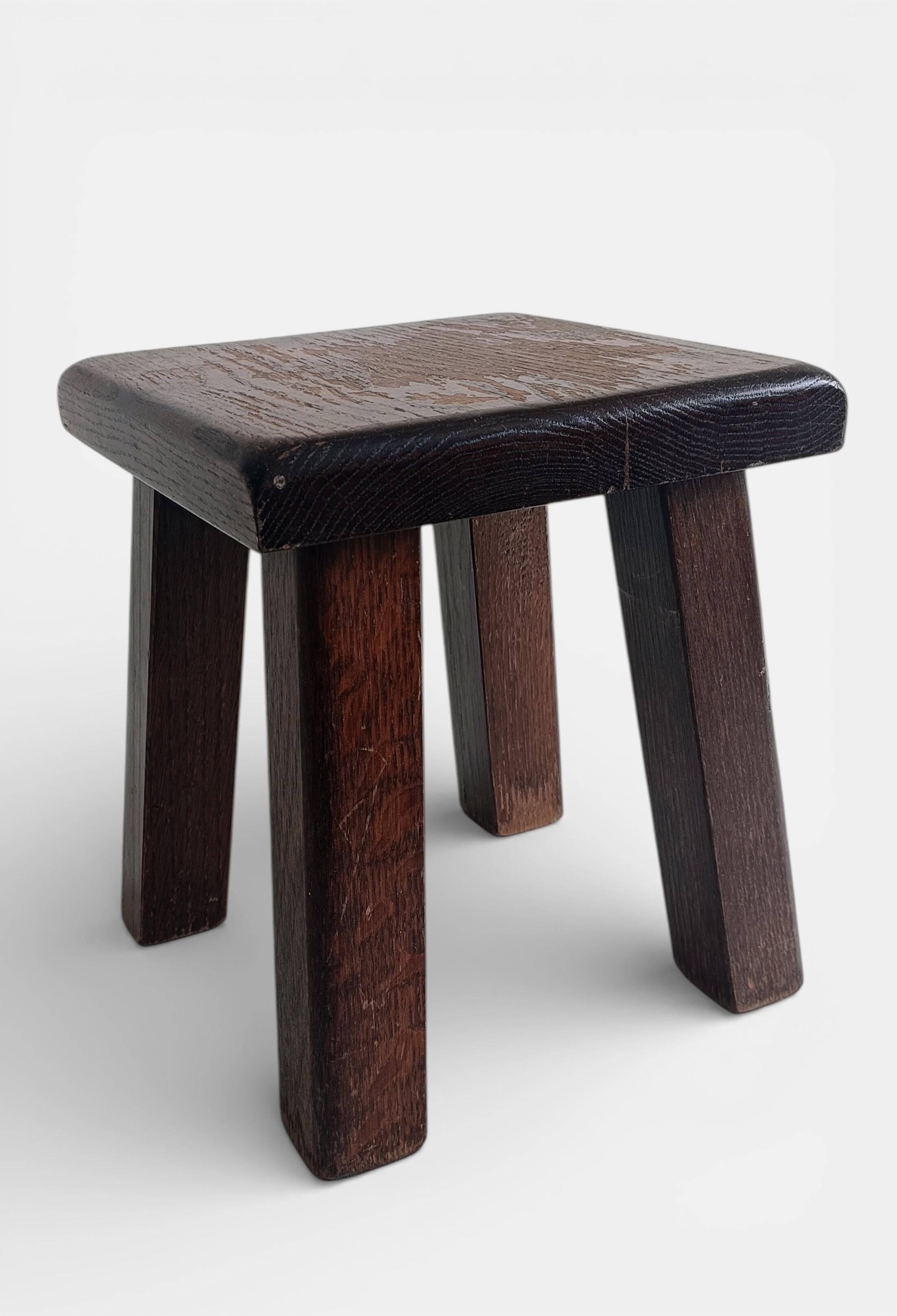 Vintage Rustic French Oak Stool in Pierre Chapo Style, Early 20th-C